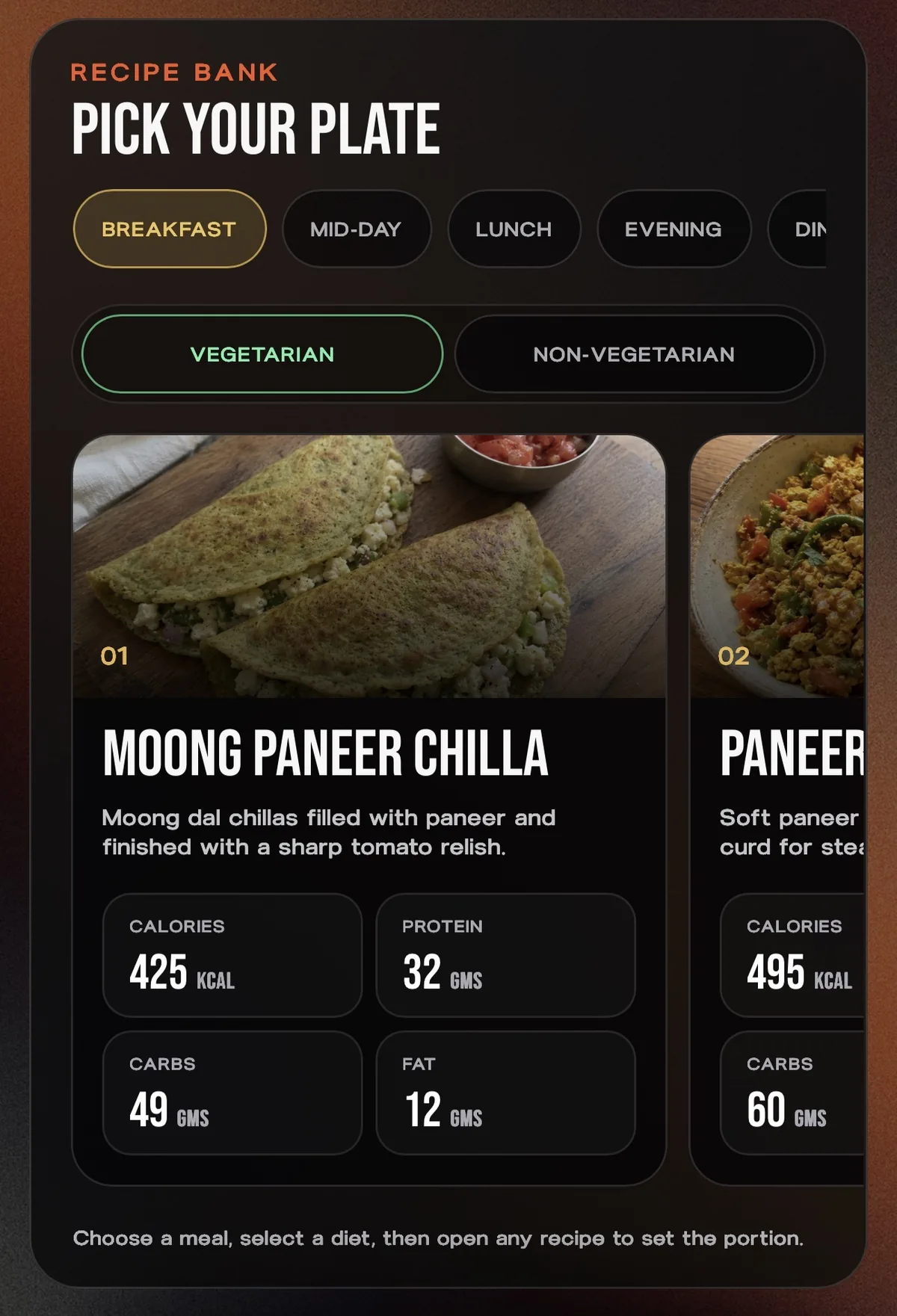 Student Hub recipe bank showing vegetarian recipes for different times of day