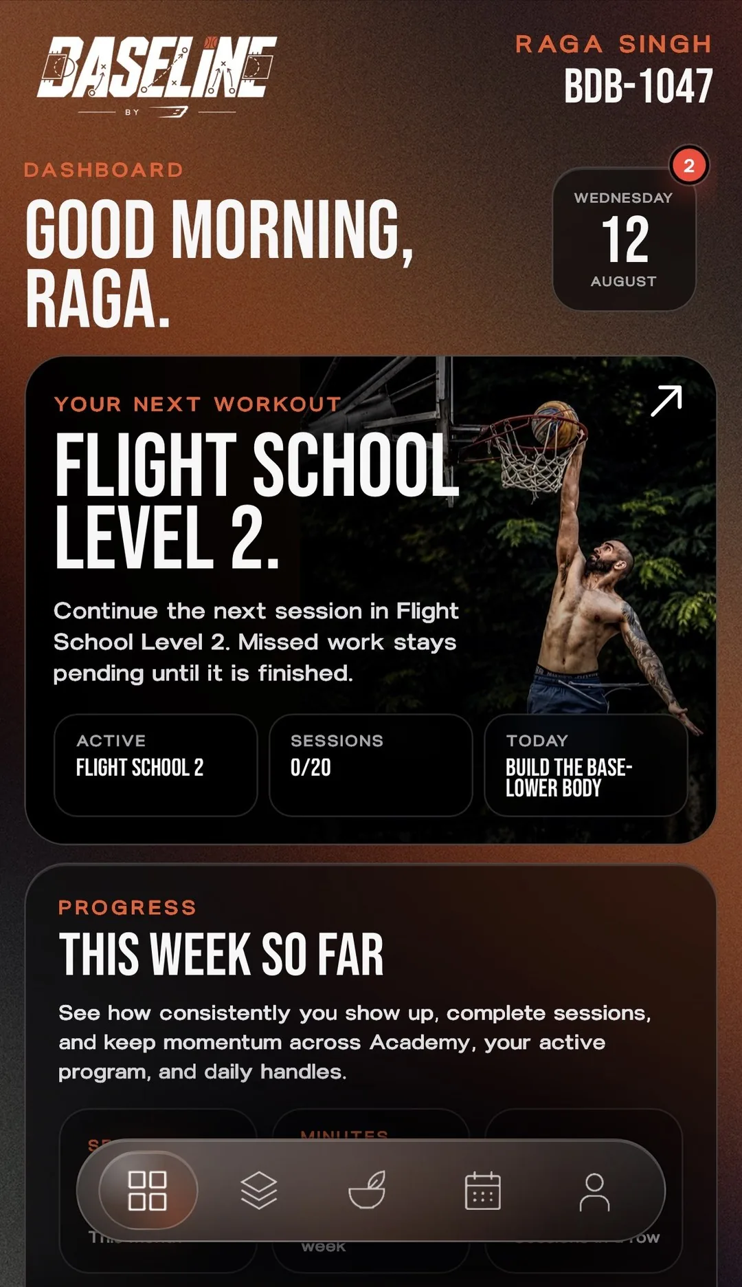 Student Hub Dashboard showing today's assigned workout and weekly progress