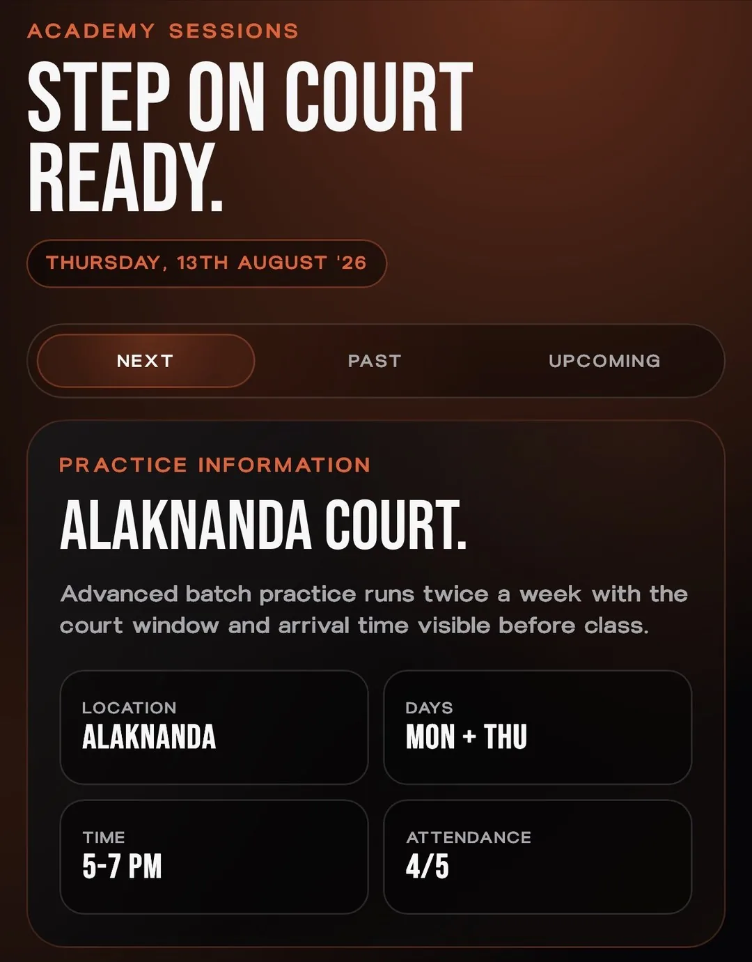 Student Hub Academy Sessions view showing the next court session and attendance
