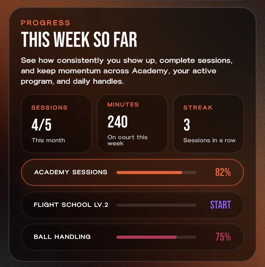 Student Hub weekly summary showing sessions, minutes, streak, and activity progress