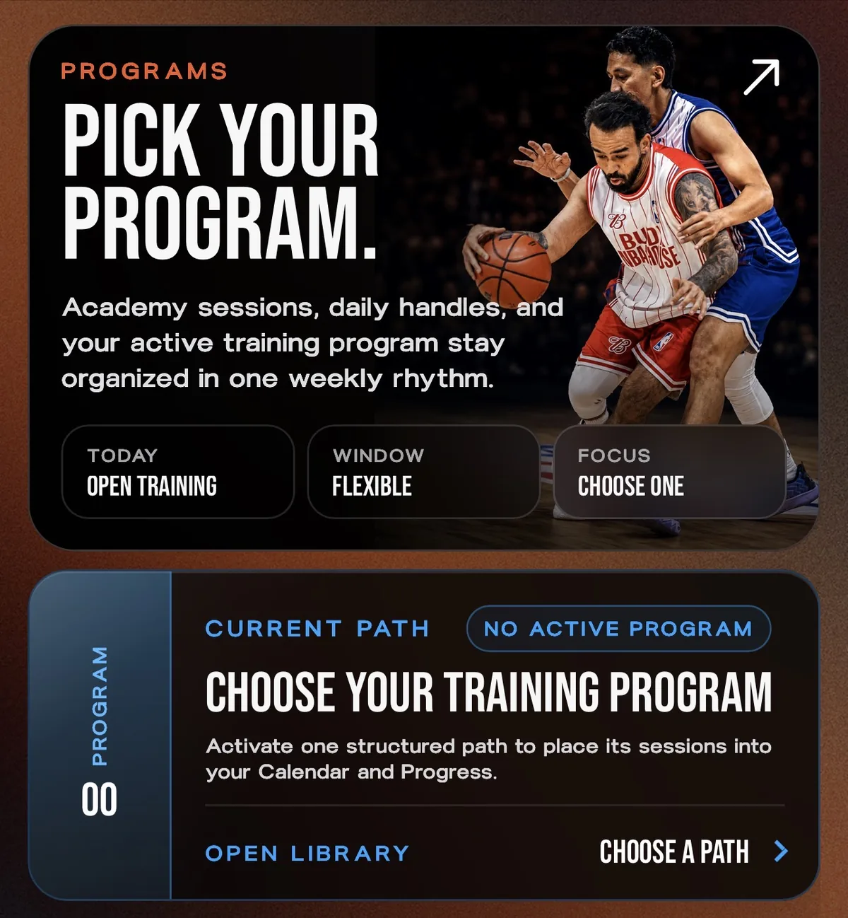 Student Hub Training Programs screen inviting the student to choose a program
